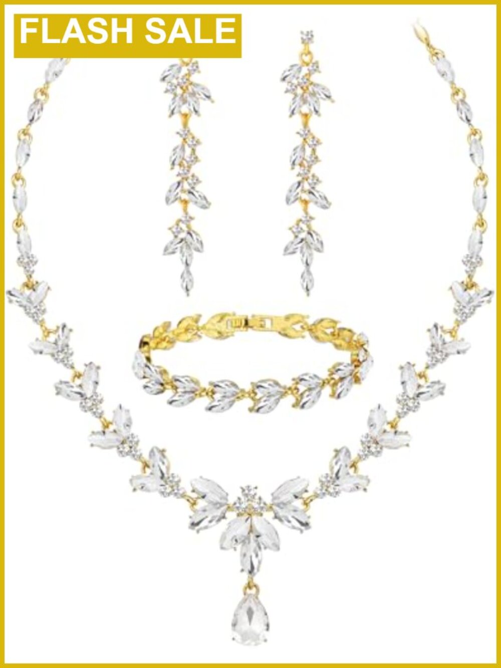 Gold Plated Austrian Crystal Necklace Earrings Bracelet Set for Wedding Prom